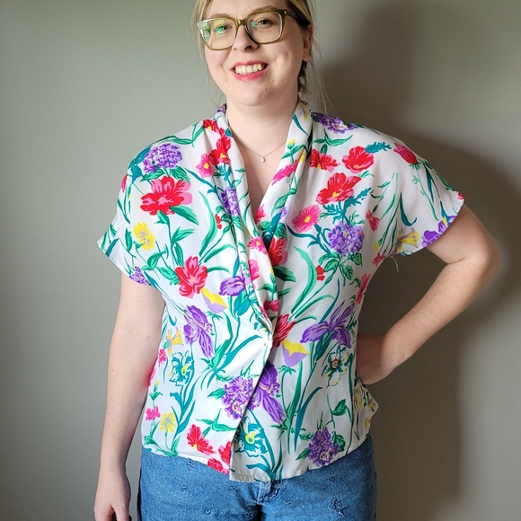 80s retro bright floral blouse - Picture 1 of 9